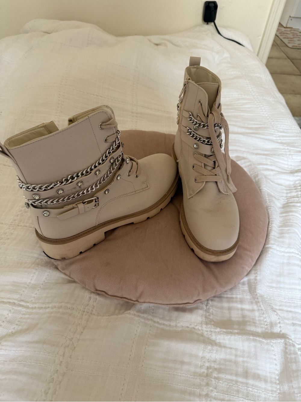 Women’s Cream Lace-Up Combat Boots with Chain Detail